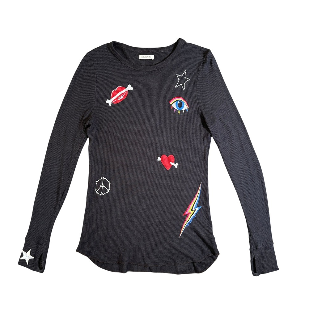 Lauren Moshi Thermal Knit Long Sleeve Graphic Patch Top Black Thumbhole Medium